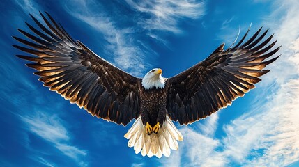 Fototapeta premium A bald eagle flying high with spread wings against a blue sky and wispy cloud background