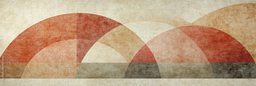 Poster abstract geometric shapes in neutral tones on textured paper, featuring muted red with subtle gradie