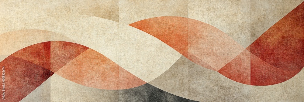 Poster abstract geometric shapes in neutral tones on textured paper, featuring muted red with subtle gradie