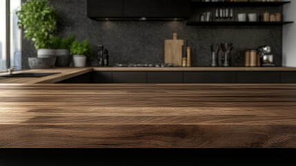 Kitchen wood tabletop for product display with blurred modern interior. Wooden tabletop over defocused kitchen background. Kitchen furniture and desk space. Product promotion in the kitchen. 