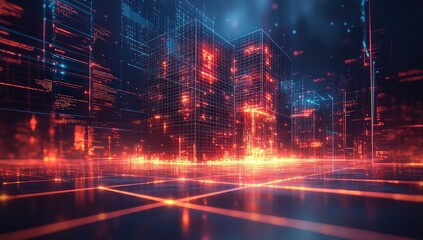 Obraz premium Digital Cityscape - Neon Lights and Grid