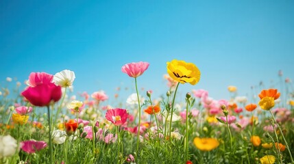 Obraz premium A vibrant field of colorful flowers under a clear blue sky, showcasing nature's beauty.