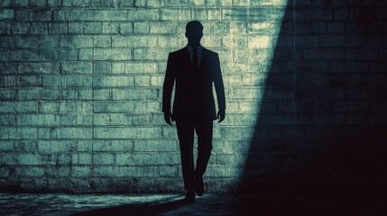 A man in a suit is walking in front of a brick wall