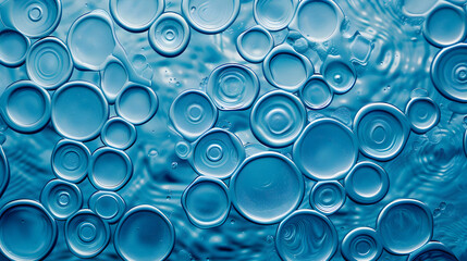 Bright blue background with diverging circles from dropped drop on surface water Abstract air bubbles in carbonated water