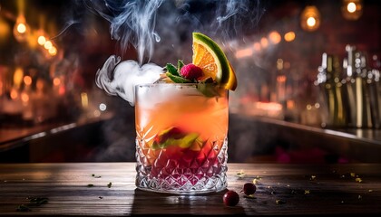 A smoky cocktail with ice and fresh garnishes captures the ambiance of an upscale bar in the evening. Generative AI