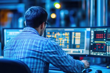 Ingeniero concentrado en una sala de control de una planta nuclear, rodeado de múltiples monitores que muestran datos críticos y gráficos. La imagen resalta la tecnología avanzada, con luces LED y pan