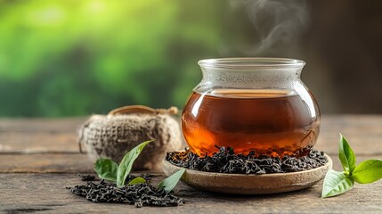 Fototapeta premium Black tea kombucha undergoes anaerobic fermentation, creating carbon dioxide bubbles that produce its characteristic effervescence. 