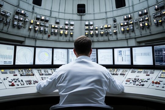 Ingeniero concentrado en una sala de control de una planta nuclear, rodeado de m&uacute;ltiples monitores que muestran datos cr&iacute;ticos y gr&aacute;ficos. La imagen resalta la tecnolog&iacute;a avanzada, con luces LED y pan