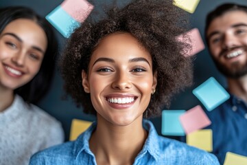 
Grupo de jóvenes emprendedores en una sala de reuniones creativas con paredes de pizarra, discutiendo ideas rodeado de post-its de colores y prototipos de productos.