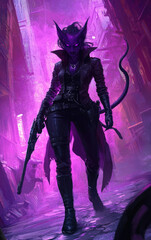 Naklejka premium Mystical Dark Elf tiefling exploring a Vibrant Cave filled with stunning colors and shadows