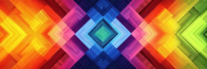 rainbow coloured random geometric design with straight lines, diamonds, rhombuses, diamond shapes