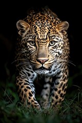 Obraz premium Leopardo Acechando en la Hierba Alta con Mirada Concentrada Leopardo acechando entre la hierba alta, con la mirada fija en su presa