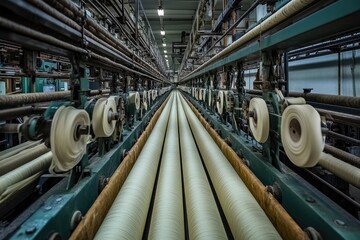 Trabajadores en una f&aacute;brica textil observando m&aacute;quinas de tejido en acci&oacute;n, produciendo rollos de tela a alta velocidad. La imagen destaca los detalles de la maquinaria