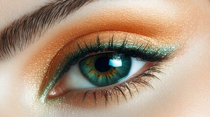 Obraz premium Extreme close-up of a womans green eyes with perfect makeup, showcasing detailed eye beauty and skincare. Ideal for makeup and beauty promotions, high-quality cosmetics.