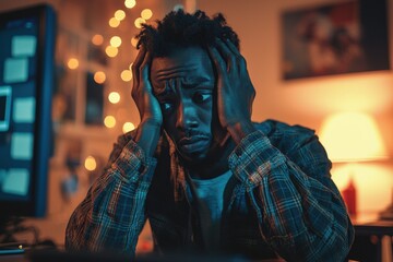 Frustrated man holds his head in despair while working on a laptop in a dimly lit room with bookshelves and a warm lamp in the background.