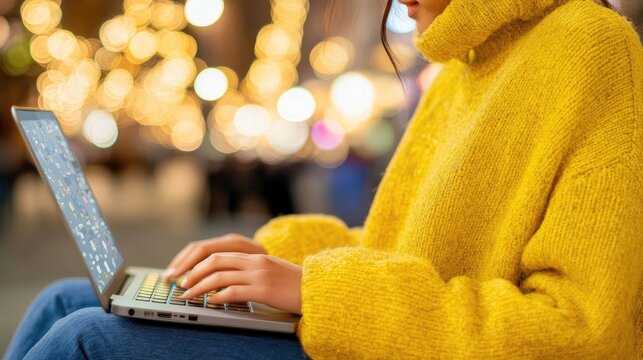 Manos femeninas tecleando en una laptop, con una vista panor&aacute;mica de una ciudad iluminada por la noche a trav&eacute;s de una ventana. Ideal para representar trabajo nocturno, compromiso.






