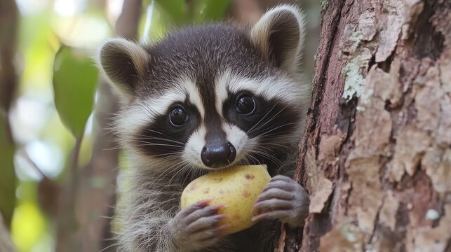 Mapache sosteniendo curiosamente una peque&ntilde;a fruta con sus patas en un claro del bosque. La imagen destaca la expresi&oacute;n traviesa del animal