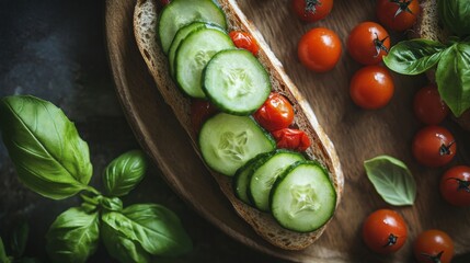 Fresh cucumbers and cherry tomatoes on rustic wooden board with green herbs in sunlight