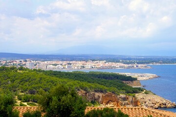 L'Escala seen from the Mirador de Punta Montgó, city with port at the Mediterranen Sea, Girona, Figueres, Catalonia, Costa Brava, Spain
