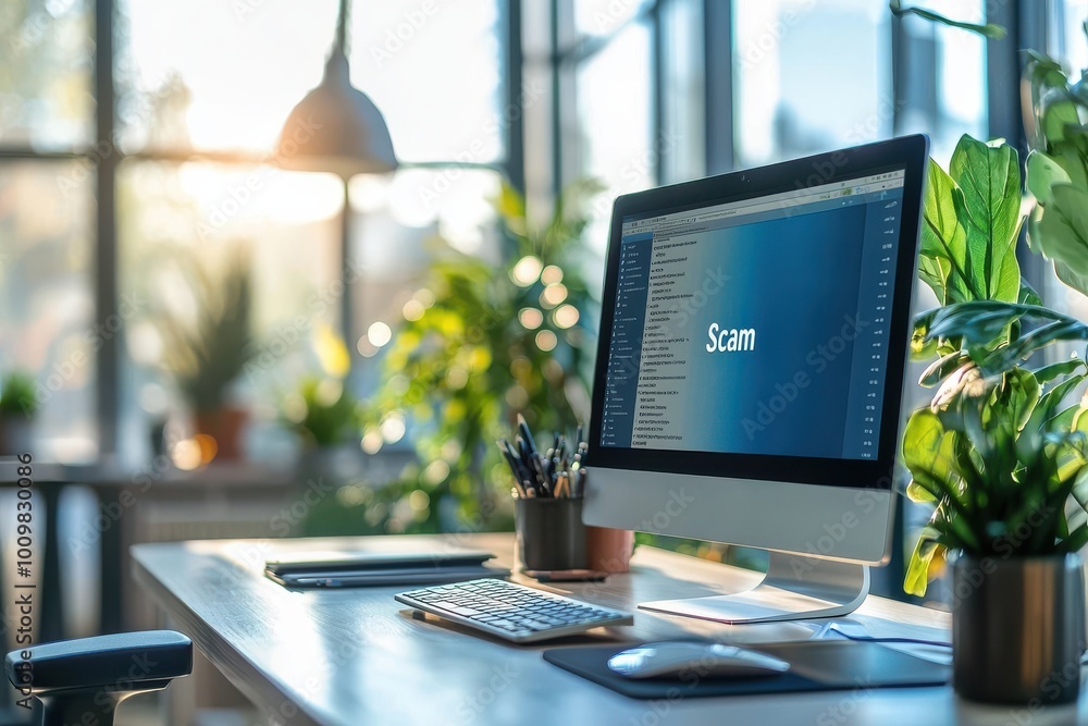 Poster computer screen displaying a scam email in a modern office setting with plants and bright lighting