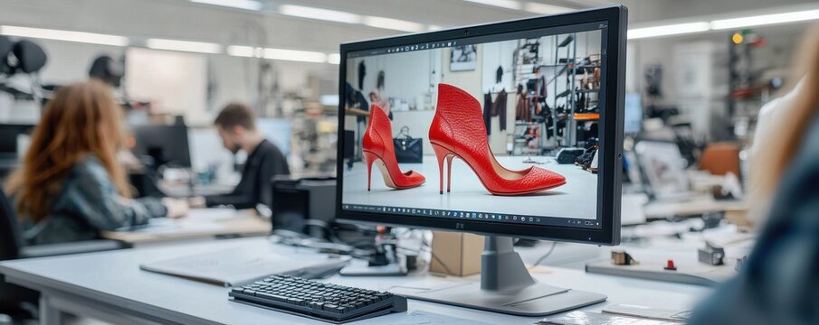High-resolution computer monitor displaying product photo of red high heel shoes in a professional photography studio setting