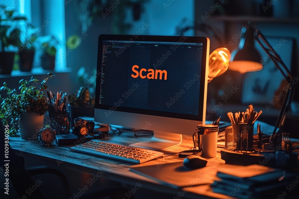 Poster computer screen displaying a scam alert in a darkened office setting, highlighting the risk of onlin