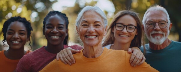 A diverse group of people from different ages smiling together outdoors in a natural setting