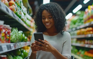 Happy woman shopping in a grocery store while using her mobile phone for a seamless shopping experience