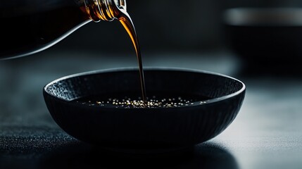 Delectable soy sauce is expertly poured from a bottle into a bowl, casting an appetizing sight on the black table. The close-up perspective captures the essence of this culinary moment. 