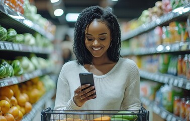 A happy woman using her mobile phone while shopping in a grocery store aisle filled with fresh produce