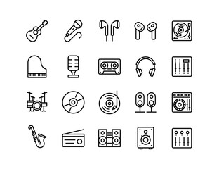 Music and Audio Icon Set - Vector Symbols of Instruments, Headphones, Speakers, and Sound Equipment for Digital and Graphic Design