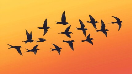 Obraz premium A flock of flying swallows, bird silhouettes in the sky. Wild Birds Unlimited: bird food, feeders, and feeding.