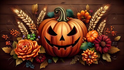 Obraz premium A beautifully decorated Halloween pumpkin with bold Happy Halloween lettering and vibrant autumn flowers. Generative AI