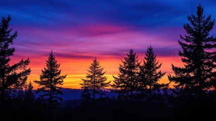Fototapeta premium A vibrant sunset over a forest silhouette, showcasing nature's beauty and tranquility.