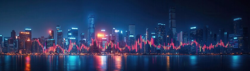 Fototapeta premium Vibrant city skyline at night with glowing lights and dynamic graph lines, symbolizing finance and data visualization.