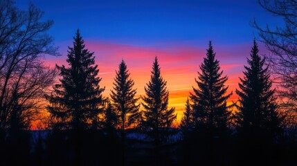 A vibrant sunset silhouette behind tall pine trees, showcasing nature's beauty.