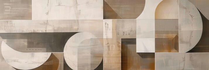Abstract geometric shapes in neutral tones on textured paper, featuring muted whites, grays, and beiges with subtle gradients