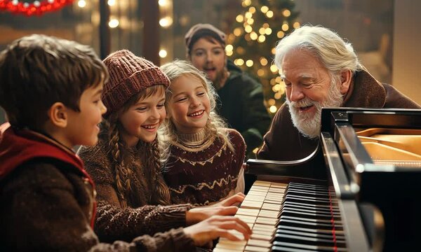 Family gathered around a piano, singing Christmas carols together with heartfelt emotion and holiday spirit. . Video