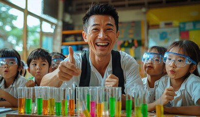 Energetic English teacher engaging young students in fun science experiments with test tubes in a lively classroom setting