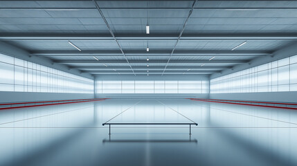 Modern industrial space with bright lighting and symmetrical design