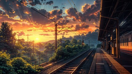 Naklejka premium Train station at sunset with vibrant clouds and golden light illuminating the tracks and lush greenery.