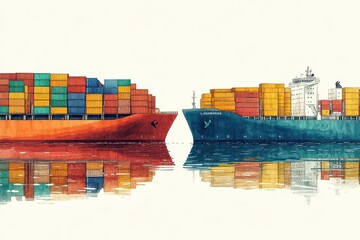 Obraz premium Vibrant illustration of two cargo ships with colorful containers, reflecting in calm water, symbolizing global trade and transport.