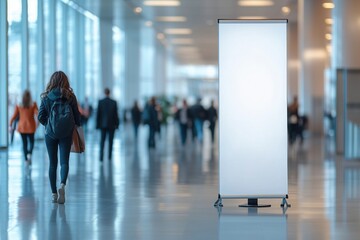 Roll up, blank banner in the lobby of a business center. White sheet of advertising inside the premises with blurred people in the background. Roll up mockup.