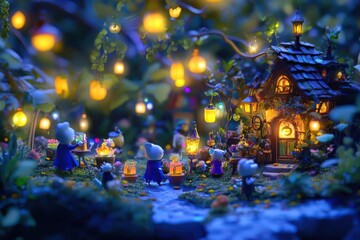 Naklejka premium A whimsical scene of small creatures celebrating near a cozy, illuminated cottage.