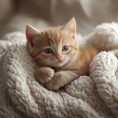Naklejka premium A cute ginger kitten snuggles into a soft, white blanket, looking adorable with its big, green eyes.