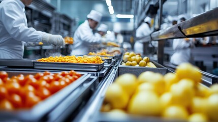 Workers are engaged in processing and packaging various fresh fruits and vegetables on a bustling production line in a food manufacturing facility, ensuring quality and efficiency
