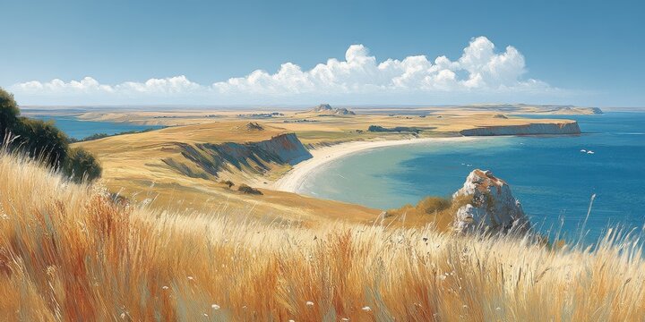 Stunning Coastal Landscape Depicting Golden Fields, Curved Shoreline, and Clear Blue Ocean with Rolling Clouds on a Sunny Day