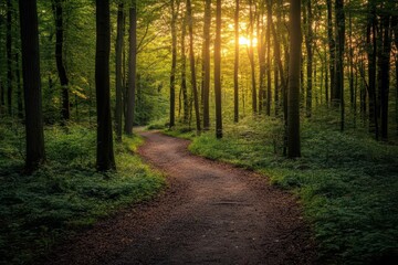 Naklejka premium A winding path through a serene forest at sunset, inviting exploration and tranquility.