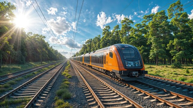 Modern orange train traveling on multiple railway tracks under bright sunlight through a green forest.