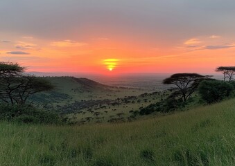 Captivating Serengeti Sunset Over Expansive Grasslands and Acacia Trees: A Breathtaking African Safari Landscape